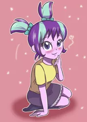 Size: 2331x3270 | Tagged: safe, artist:sumin6301, derpibooru import, starlight glimmer, equestria girls, blushing, clothes, cute, equestria girls-ified, glimmerbetes, looking at you, missing shoes, moe, pigtails, sitting, skirt, socks, solo, younger