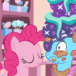 Size: 750x750 | Tagged: safe, derpibooru import, screencap, cup cake, pinkie pie, no second prances, animated, apron, cake, clothes, crumbs, eye scream, eyeball, eyeball licking, face licking, food, licking, licking ponies, personal space invasion, sugarcube corner, swallowing, tongue out, unimpressed, worming
