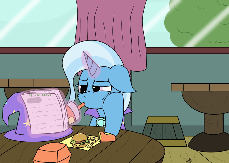 Size: 1400x1000 | Tagged: safe, artist:mxcoriginal, artist:spritepony, derpibooru import, trixie, pony, unicorn, burger, female, food, french fries, hay burger, horse news, horseshoe fries, mare, milkshake, newspaper, solo