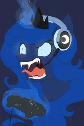 Size: 2000x3000 | Tagged: safe, artist:evehly, derpibooru import, princess luna, gamer luna, angry, fangs, snake tongue, solo, tongue out