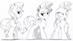 Size: 2000x1125 | Tagged: safe, artist:ncmares, derpibooru import, rarity, pony, unicorn, bedroom eyes, disgusted, featureless crotch, female, grayscale, looking at you, mare, monochrome, open mouth, plot, sketch, smiling