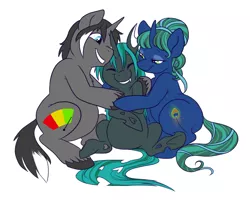 Size: 800x639 | Tagged: safe, artist:pixel-prism, derpibooru import, oc, oc:ambrosia sublime, oc:midnight snack, oc:sleight, unofficial characters only, changeling, pony, unicorn, chubby, family, fat, love, neighvada nights