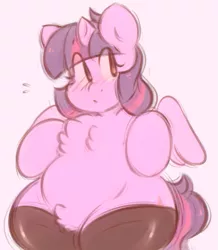 Size: 447x512 | Tagged: safe, artist:toroitimu, derpibooru import, twilight sparkle, twilight sparkle (alicorn), alicorn, pony, chest fluff, chubby, clothes, female, mare, pubic fluff, solo, stockings, wide hips