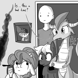 Size: 903x903 | Tagged: safe, artist:tjpones, derpibooru import, oc, oc:brownie bun, oc:dragon wife, oc:richard, oc:treasure trotonopolis, unofficial characters only, dragon, earth pony, human, pony, horse wife, dialogue, fire extinguisher, floppy ears, grayscale, implied property damage, monochrome, open mouth, top gun