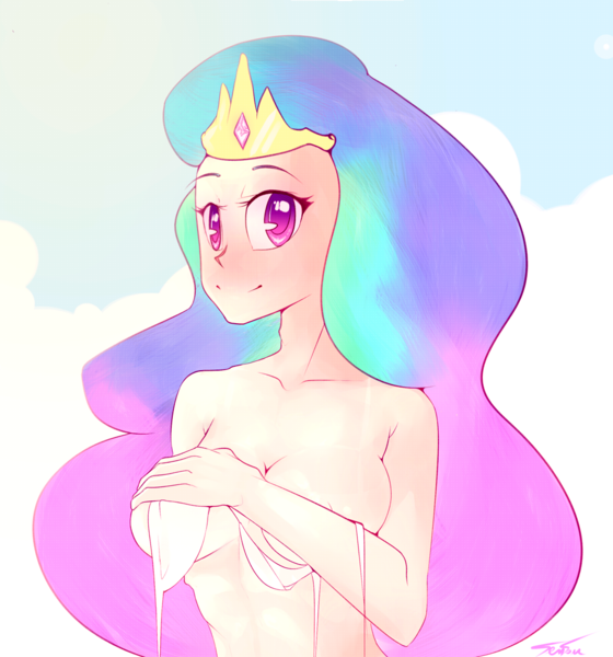 Size: 1043x1118 | Tagged: areola, artist:tentousam-a, bikini, breasts, busty princess celestia, clothes, cloud, covering, derpibooru import, female, human, humanized, nipples, nipple slip, princess celestia, questionable, smiling, solo, solo female, swimsuit