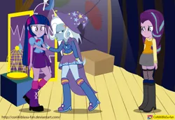 Size: 2939x2011 | Tagged: safe, artist:conikiblasu-fan, derpibooru import, starlight glimmer, trixie, twilight sparkle, equestria girls, no second prances, boots, cape, clothes, counterparts, equestria girls interpretation, equestria girls-ified, hat, high heel boots, leg warmers, magical trio, miniskirt, pleated skirt, scene interpretation, shirt, shoes, skirt, stockings, thigh highs, twilight's counterparts, wizard hat