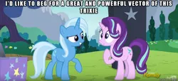 Size: 610x279 | Tagged: safe, derpibooru import, screencap, starlight glimmer, trixie, pony, unicorn, no second prances, begging, discovery family logo, female, mare, meme, request