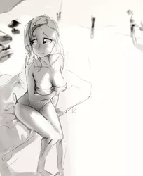 Size: 1214x1490 | Tagged: artist:tentousam-a, beach, bikini, breasts, busty fluttershy, cleavage, clothes, derpibooru import, female, fluttershy, grayscale, human, humanized, monochrome, sketch, solo, suggestive, swimsuit