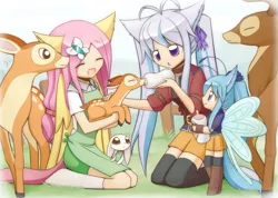 Size: 1512x1075 | Tagged: angel bunny, artist:howxu, baby bottle, bambi, cute, deer, derpibooru import, eared humanization, fluttershy, human, humanized, non-mlp oc, oc, safe, shyabetes, smiling, tailed humanization, winged humanization