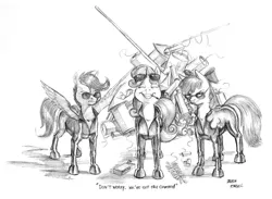 Size: 1300x951 | Tagged: safe, artist:baron engel, derpibooru import, apple bloom, scootaloo, sweetie belle, catsuit, cutie mark crusaders, deep six, explosives, fireworks, match, monochrome, pencil drawing, sneaking suit, story included, sunglasses, this will end in tears and/or death, traditional art