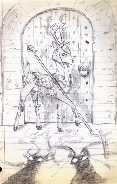 Size: 985x1553 | Tagged: armor, artist:wisdom-thumbs, blackthorn, deer, derpibooru import, door, grayscale, lined paper, medieval, monochrome, safe, spear, swordpony, traditional art, warrior, weapon