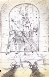 Size: 985x1553 | Tagged: armor, artist:wisdom-thumbs, blackthorn, deer, derpibooru import, door, grayscale, lined paper, medieval, monochrome, safe, spear, swordpony, traditional art, warrior, weapon