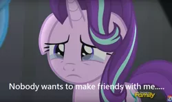 Size: 1074x640 | Tagged: safe, derpibooru import, edit, edited screencap, screencap, rainbow dash, starlight glimmer, trixie, pony, unicorn, no second prances, bronybait, crying, discovery family logo, female, mare, sad, solo focus, teary eyes, text, woobie