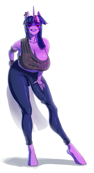 Size: 733x1348 | Tagged: anthro, artist:maarthul, big breasts, breasts, busty twilight sparkle, choking hazard, cleavage, crotch bulge, derpibooru import, ear piercing, earring, eyeliner, futa, futa twilight sparkle, huge breasts, intersex, jewelry, piercing, questionable, solo, solo futa, twilight sparkle, unguligrade anthro