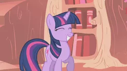 Size: 1280x720 | Tagged: safe, derpibooru import, screencap, twilight sparkle, pony, unicorn, boast busters, cute, eyes closed, female, giggling, mare, raised hoof, smiling, solo, twiabetes, unicorn twilight