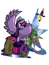 Size: 5000x6600 | Tagged: safe, artist:animation100, derpibooru import, spike, twilight sparkle, twilight sparkle (alicorn), alicorn, pony, absurd resolution, bedroom eyes, clothes, female, golden oaks library, looking at you, mare, mares of harmony, motorcycle, rear view, sidecar, spread wings