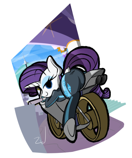 Size: 4500x5400 | Tagged: suggestive, artist:animation100, derpibooru import, rarity, pony, unicorn, absurd resolution, bedroom eyes, clothes, dock, jumpsuit, looking at you, mares of harmony, motorcycle, plot, solo, underhoof