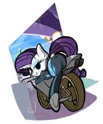 Size: 4500x5400 | Tagged: suggestive, artist:animation100, derpibooru import, rarity, pony, unicorn, absurd resolution, bedroom eyes, clothes, dock, jumpsuit, looking at you, mares of harmony, motorcycle, plot, solo, underhoof