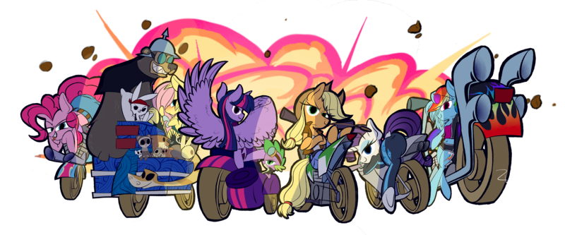 Size: 4800x2000 | Tagged: safe, artist:animation100, derpibooru import, angel bunny, applejack, fluttershy, pinkie pie, rainbow dash, rarity, spike, twilight sparkle, twilight sparkle (alicorn), alicorn, bear, beaver, ferret, mouse, pony, rabbit, seal, snake, squirrel, absurd resolution, animal, badass, bedroom eyes, clothes, explosion, female, jeans, jumpsuit, looking at you, mane seven, mane six, mare, mares of harmony, motorcycle, pants, plot, sidecar, tricycle, underhoof