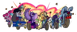 Size: 4800x2000 | Tagged: safe, artist:animation100, derpibooru import, angel bunny, applejack, fluttershy, pinkie pie, rainbow dash, rarity, spike, twilight sparkle, twilight sparkle (alicorn), alicorn, bear, beaver, ferret, mouse, pony, rabbit, seal, snake, squirrel, absurd resolution, animal, badass, bedroom eyes, clothes, explosion, female, jeans, jumpsuit, looking at you, mane seven, mane six, mare, mares of harmony, motorcycle, pants, plot, sidecar, tricycle, underhoof