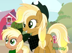 Size: 800x596 | Tagged: artist:essentialnightfall, bandana, bow, cowboy hat, derpibooru import, discovery family logo, fake screencap, freckles, gap teeth, hair bow, hat, not applejack, oc, oc:apple salary, oc:golden bits, offspring, parent:applejack, parents:trenderjack, parent:trenderhoof, safe, siblings, unofficial characters only