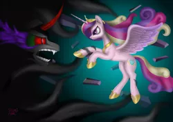 Size: 4960x3508 | Tagged: absurd resolution, artist:sstab29, derpibooru import, fight, king sombra, princess cadance, safe, umbrum