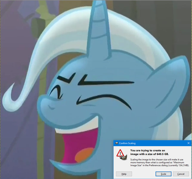 Size: 1001x932 | Tagged: safe, derpibooru import, edit, screencap, trixie, pony, unicorn, no second prances, big head, female, gimp, mare, pun, scaling warning message, visual pun, windows, windows 10