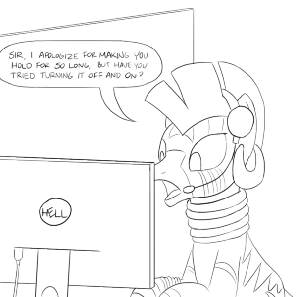 Size: 800x800 | Tagged: artist:unsavorydom, computer, customer service, derpibooru import, dialogue, headset, monochrome, phone, safe, simple background, solo, tech support, white background, zebra, zecora