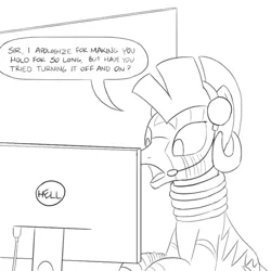 Size: 800x800 | Tagged: artist:unsavorydom, computer, customer service, derpibooru import, dialogue, headset, monochrome, phone, safe, simple background, solo, tech support, white background, zebra, zecora