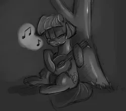 Size: 1089x955 | Tagged: alternate universe, artist:post-it, bard, cocoa cantle, coco pommel, colored sketch, derpibooru import, fantasy class, grayscale, lute, monochrome, musical instrument, rule 63, safe, singing, sketch, smiling, solo, sword rara, tree
