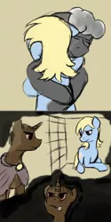 Size: 768x1541 | Tagged: semi-grimdark, artist:thebathwaterhero, derpibooru import, oc, oc:nadine, oc:sunny days, unofficial characters only, earth pony, pony, unicorn, series:entrapment, cage, color, crying, cyoa, horn, hug, sad, slave, slaver, slavery, sneer, story included