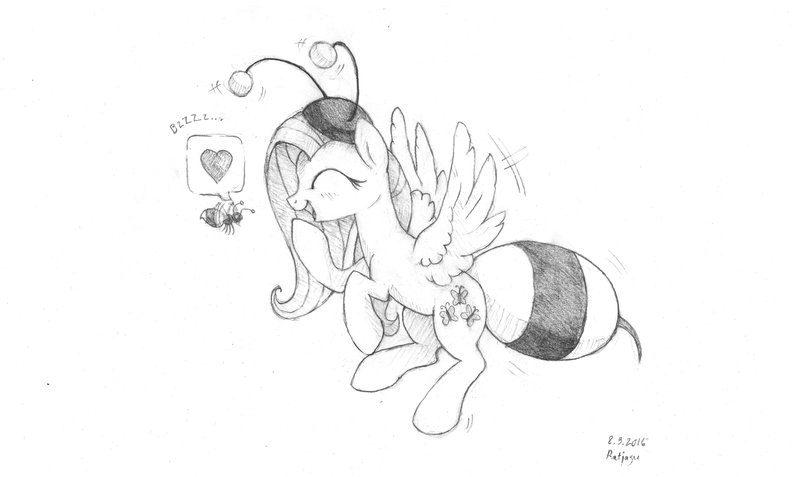 Size: 3366x2008 | Tagged: animal costume, artist:ratiasuq, bee costume, clothes, costume, critter, derpibooru import, flutterbee, fluttershy, happy, monochrome, safe