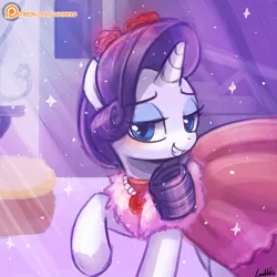 Size: 750x750 | Tagged: dead source, safe, artist:lumineko, derpibooru import, rarity, pony, unicorn, no second prances, bedroom eyes, clothes, dress, female, mare, patreon, patreon logo, smiling, solo