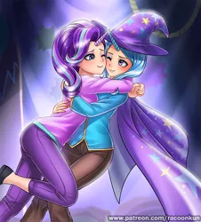 Size: 700x776 | Tagged: safe, artist:racoonsan, derpibooru import, starlight glimmer, trixie, human, no second prances, cape, clothes, coat, cute, female, hat, horned humanization, horns are touching, hug, humanized, lesbian, one eye closed, pants, patreon, scene interpretation, shipping, smiling, startrix, trixie's cape, trixie's hat, wizard, wizard hat