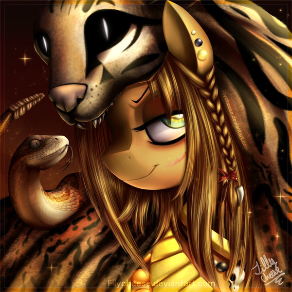 Size: 800x800 | Tagged: animal skin, armor, artist:glitteronin, aztec, aztec warrior, badass, derpibooru import, ear piercing, earring, headress, jewelry, necklace, oc, oc:ponymod, piercing, safe, scar, smiling, snake, solo, unofficial characters only