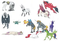 Size: 4000x2833 | Tagged: safe, artist:sunny way, derpibooru import, oc, oc:drake, oc:enderpeak, oc:evil, oc:haimel, oc:niron, oc:stirren, oc:timemaker, oc:woon, ponified, unofficial characters only, alicorn, bat pony, big cat, earth pony, enderman, enderpony, horse, lion, pegasus, pony, unicorn, absurd resolution, alicorn oc, feather, female, festral, male, mare, nudity, rcf community, realistic horse legs, sheath, simple background, stallion, white background, wings, woorren