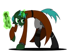 Size: 2560x1920 | Tagged: safe, artist:derpanater, derpibooru import, oc, oc:bountiful heart, unofficial characters only, pony, unicorn, fallout equestria, boots, clothes, crouching, digital art, female, green coat, green eyes, longcoat, magic, scar, short hair, short mane, smiling, submachinegun, telekinesis