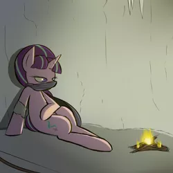 Size: 2000x2000 | Tagged: artist:pandramodo, campfire, cave, clothes, derpibooru import, safe, scarf, solo, source needed, starlight glimmer