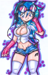 Size: 1424x2205 | Tagged: artist:project-fallen-angel, belly button, boyshorts, breasts, busty vinyl scratch, choker, cleavage, clothes, cutie mark on human, daisy dukes, derpibooru import, evening gloves, female, fingerless elbow gloves, glasses, gloves, headphones, human, humanized, looking at you, midriff, my sexy pony, open fly, panties, shorts, socks, solo, solo female, suggestive, thigh highs, underwear, unzipped, unzipped pants, vinyl scratch