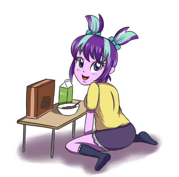 Size: 3507x3472 | Tagged: safe, artist:sumin6301, derpibooru import, starlight glimmer, equestria girls, box, breakfast, cereal, clothes, cute, equestria girls-ified, food, glimmerbetes, milk, missing shoes, moe, open mouth, pigtails, simple background, sitting, skirt, socks, solo, spoon, table, white background, younger