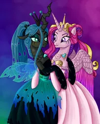 Size: 2648x3264 | Tagged: dead source, safe, artist:aurora69rainbow, derpibooru import, princess cadance, queen chrysalis, alicorn, changeling, pony, alternate hairstyle, bipedal, blushing, cadalis, clothes, crystal heart, dress, female, hug, lesbian, necklace, ponytail, shipping