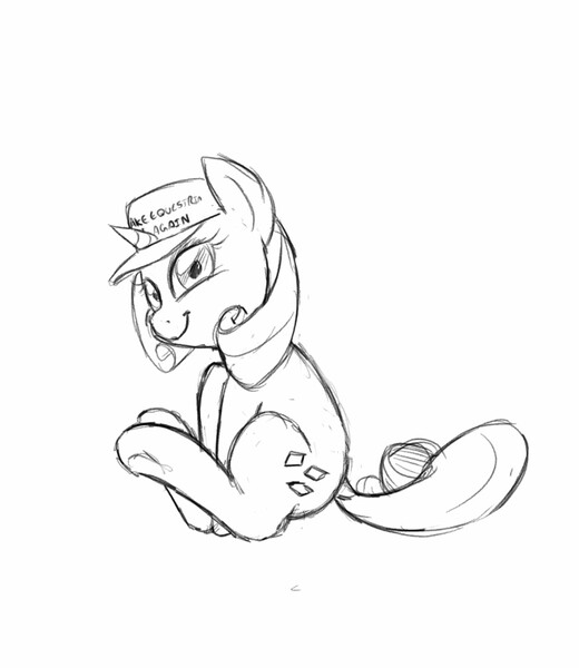 Size: 1109x1280 | Tagged: artist:trickydick, cute, derpibooru import, donald trump, hat, looking at you, looking back, make america great again, make equestria great again, monochrome, politics, raribetes, rarity, safe, sitting, smiling, solo, underhoof