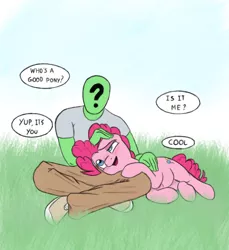 Size: 720x785 | Tagged: safe, artist:trickydick, derpibooru import, pinkie pie, oc, oc:anon, earth pony, human, pony, cute, dialogue, diapinkes, ear scratch, female, human on pony petting, male, mare, open mouth, petting, who's a good pony