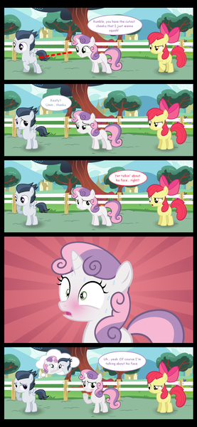 Size: 1068x2312 | Tagged: apple bloom, artist:lunaticdawn, blushing, comic, cropped, derpibooru import, edit, female, male, out of context, pervert, rumbelle, rumble, rumble gets all the fillies, safe, shipping, straight, sweetie belle