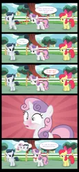 Size: 1068x2312 | Tagged: apple bloom, artist:lunaticdawn, blushing, comic, cropped, derpibooru import, edit, female, male, out of context, pervert, rumbelle, rumble, rumble gets all the fillies, safe, shipping, straight, sweetie belle