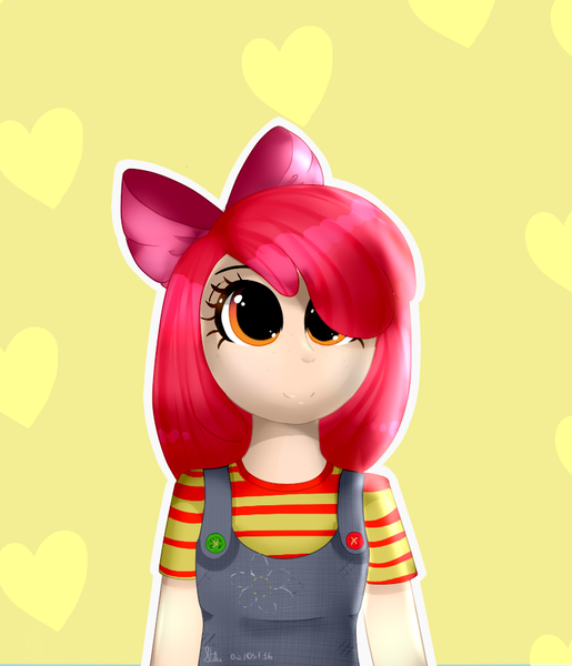 Size: 772x900 | Tagged: apple bloom, artist:starsymphonystela, clothes, derpibooru import, human, humanized, looking at you, overalls, safe, simple background, smiling, solo