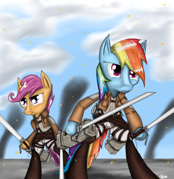 Size: 1280x1314 | Tagged: safe, artist:titan2955, derpibooru import, rainbow dash, scootaloo, pony, attack on titan, bipedal, clothes, cosplay, costume, crossover