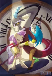 Size: 1079x1591 | Tagged: safe, artist:seanica, derpibooru import, discord, fluttershy, draconequus, pegasus, pony, clock, crying, dancing, discoshy, elderly, feels, female, immortality blues, male, older, shipping, straight