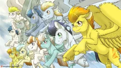 Size: 1024x572 | Tagged: safe, artist:inuhoshi-to-darkpen, derpibooru import, blaze, fire streak, fleetfoot, high winds, lightning streak, misty fly, silver lining, silver zoom, soarin', spitfire, surprise, wave chill, pony, feathered fetlocks, flying, patreon, patreon logo, spread wings, unshorn fetlocks, wonderbolts