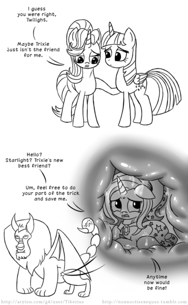 Size: 740x1200 | Tagged: questionable, artist:deusexequus, derpibooru import, starlight glimmer, trixie, twilight sparkle, twilight sparkle (alicorn), alicorn, manticore, pony, no second prances, abuse, bad end, comic, dialogue, female, fetish, food chain, grayscale, internal, mare, monochrome, predator, prey, stomach, this will end in death, this will end in tears, this will end in tears and/or death, trixiebuse, vore